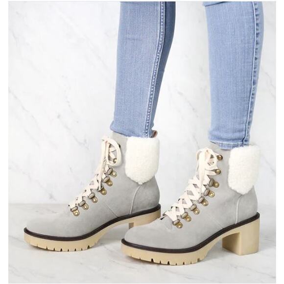 Oasis Society Gray Faux Suede Lace Up Chunky Heel Combat Military Boots 10 - Picture 1 of 14